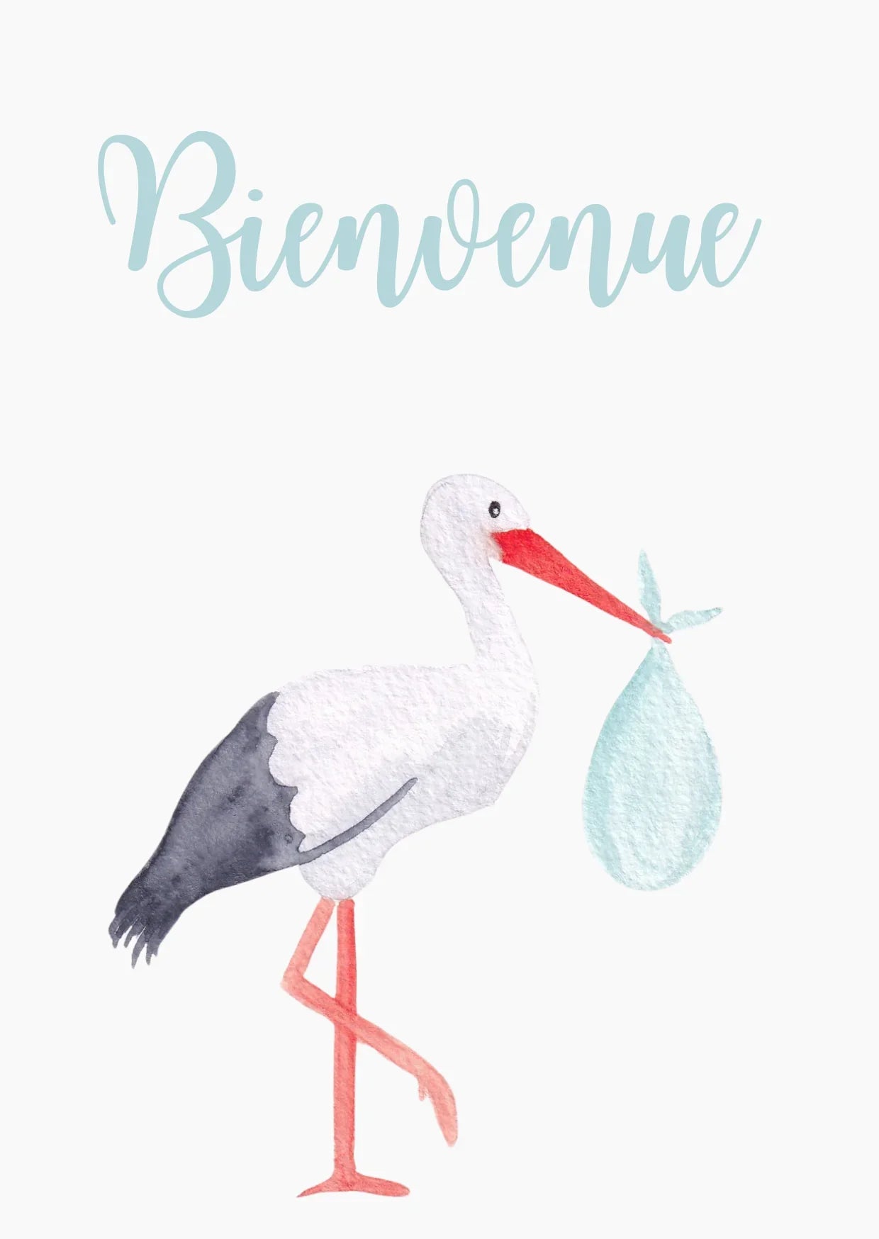 Cigogne tenant un bébé dans un sac bleu, bienvenue naissance