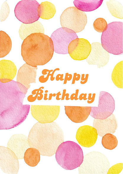 Carte d'anniversaire aquarelle avec confettis colorés et texte Happy Birthday