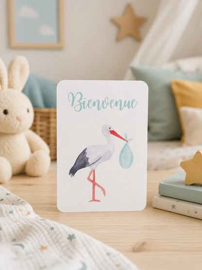 Carte de bienvenue bébé avec cigogne, idéale pour décoration chambre d'enfant ou cadeau naissance