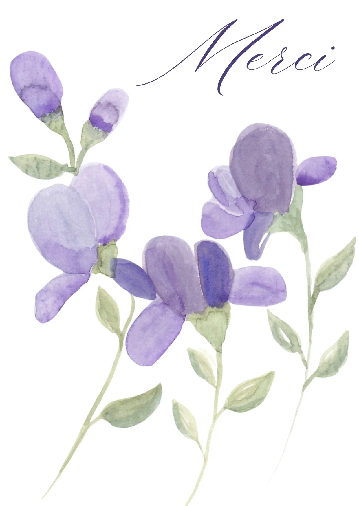 Fleurs violettes aquarelle avec Merci, design élégant et doux