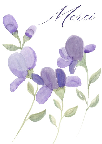 Fleurs violettes aquarelle avec Merci, design élégant et doux