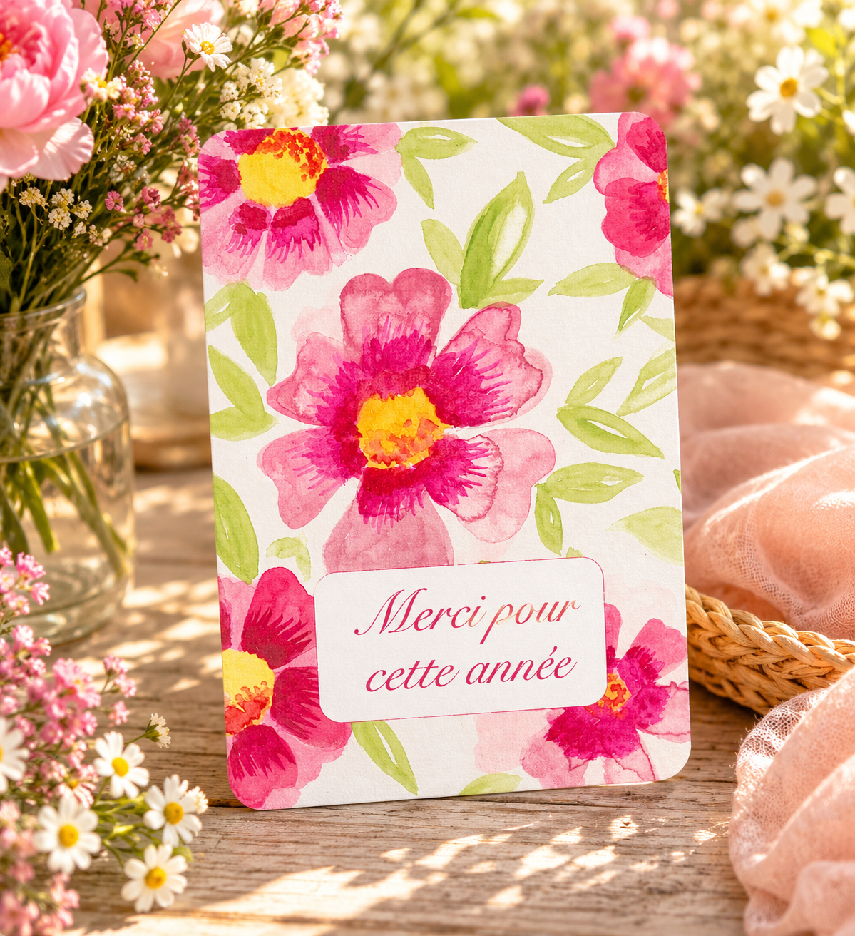 Carte fleurs roses jaunes vertes