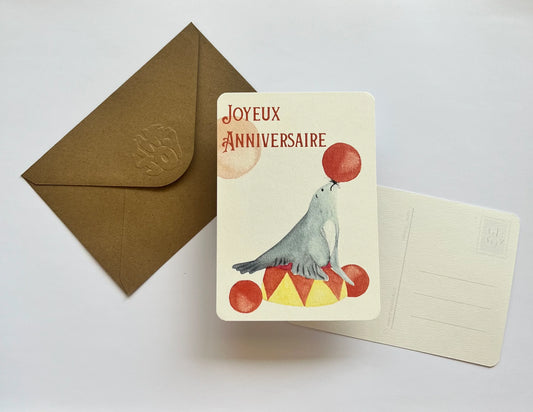 Carte d'anniversaire joyeux anniversaire avec phoque et ballons colorés