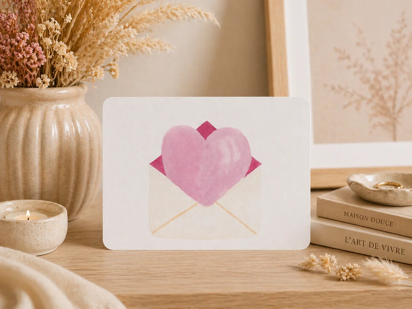 Carte de vœux avec cœur rose aquarelle sortant d'une enveloppe, décoration douce pour la Saint-Valentin ou la Sainte-Catherine