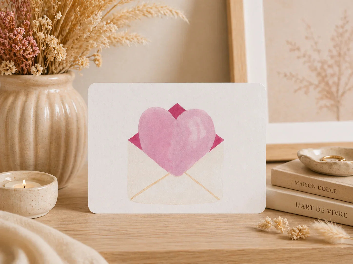 Carte de vœux avec cœur rose aquarelle sortant d'une enveloppe, décoration douce pour la Saint-Valentin ou la Sainte-Catherine