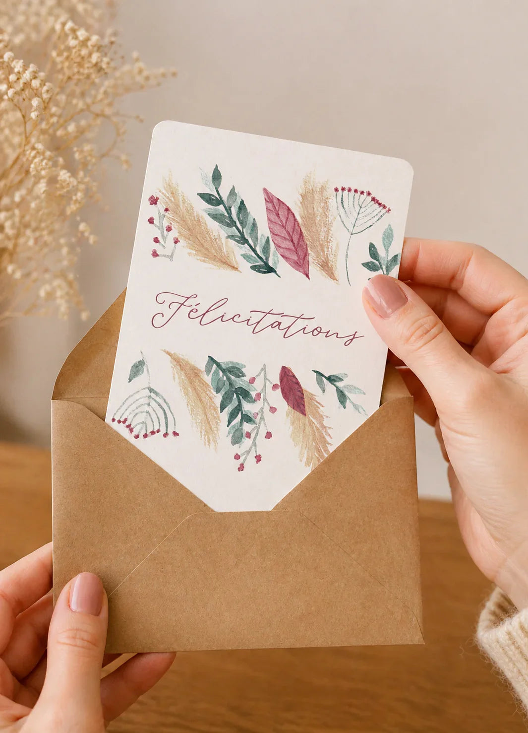 Carte de félicitations botanique avec feuilles et fleurs séchées, dans enveloppe kraft, idéale pour cadeau ou message chaleureux