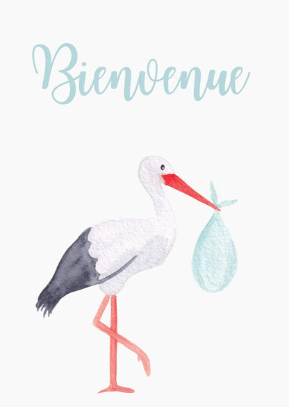Cigogne tenant un bébé dans un sac bleu, bienvenue naissance