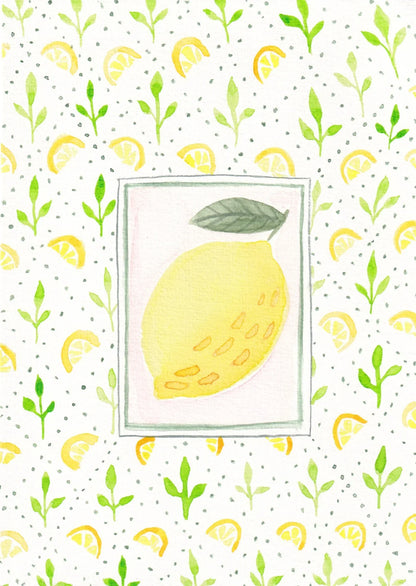 Illustration aquarelle citron entier avec feuille, fond motifs citrons et feuilles vertes
