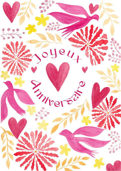 Carte Joyeux Anniversaire aquarelle avec coeurs, oiseaux et fleurs roses et jaunes