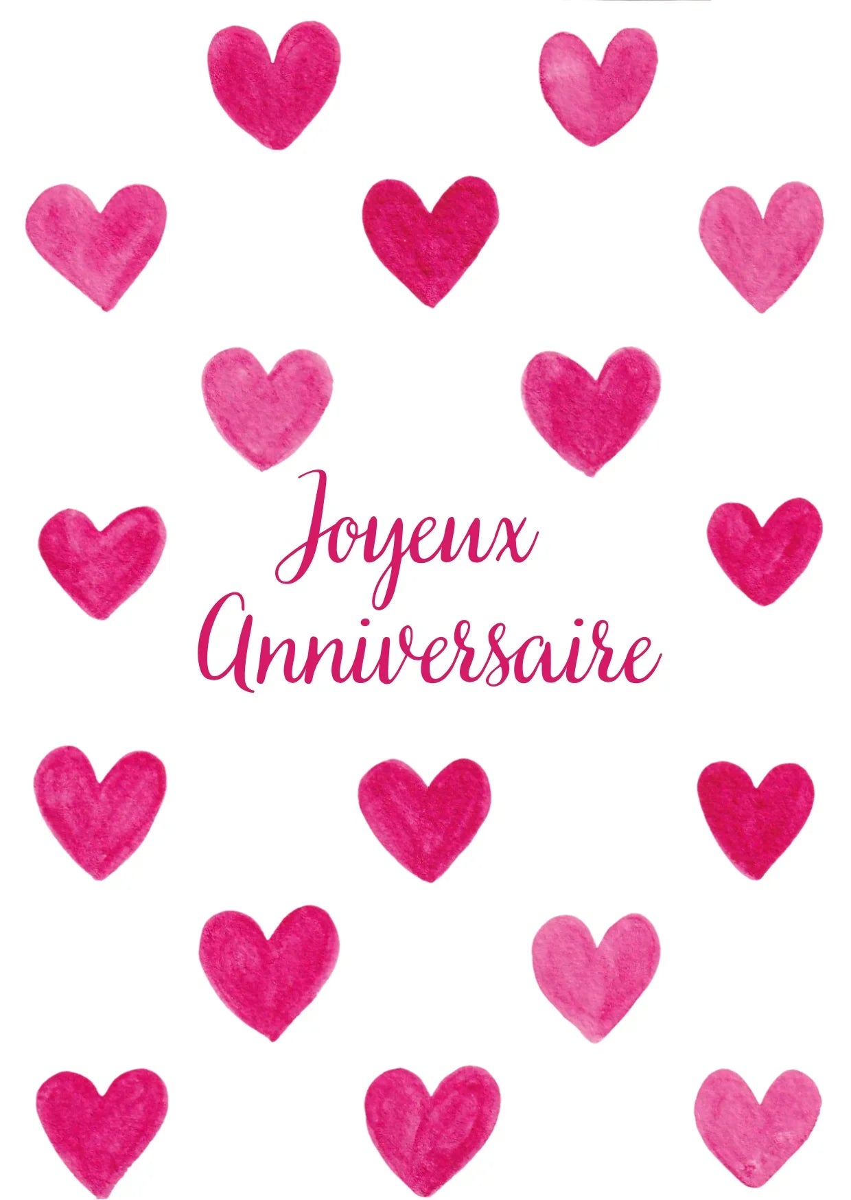 Carte anniversaire rose avec coeurs aquarelle et texte 'Joyeux Anniversaire'