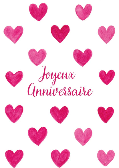 Carte anniversaire rose avec coeurs aquarelle et texte 'Joyeux Anniversaire'