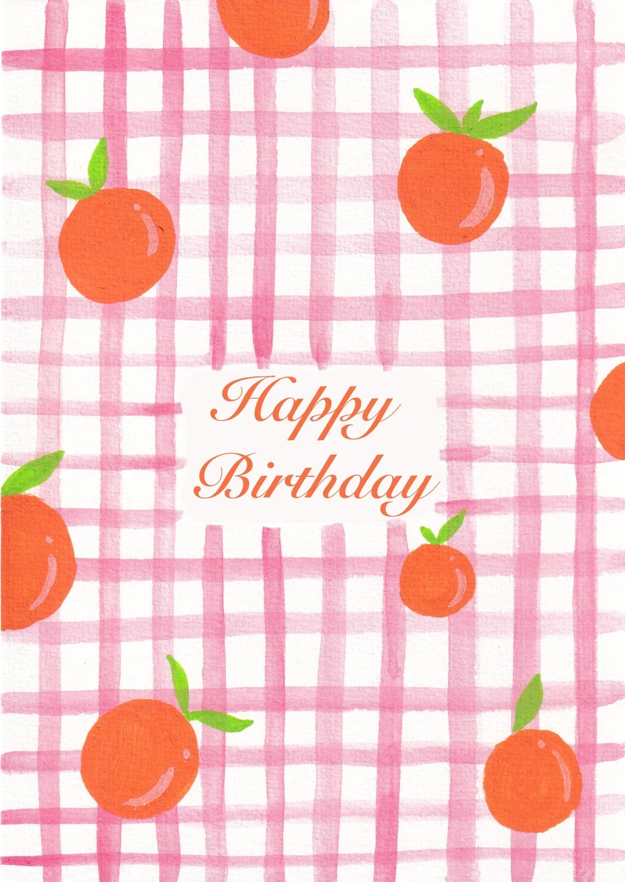 Carte d'anniversaire avec motifs d'oranges sur fond à carreaux roses