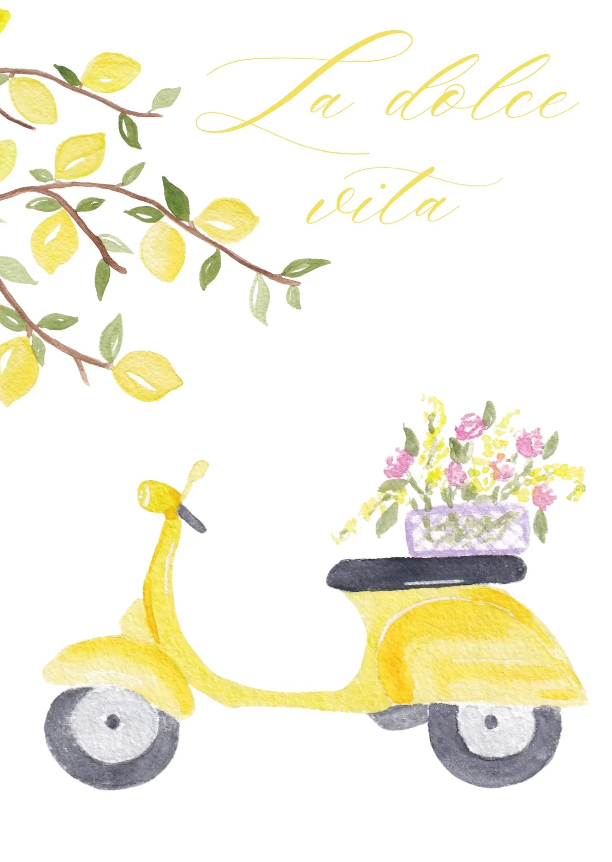 Scooter jaune avec fleurs et citrons, La dolce vita